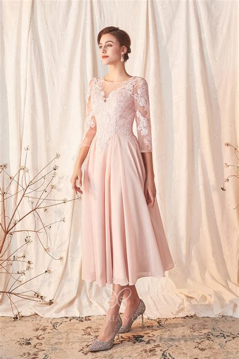 Vintage Illusion 3/4 Sleeves Blush Tea-Length Mother Dress - VQ