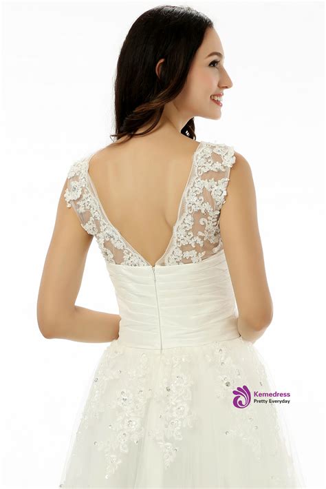 White Tea Length Tulle Appliques Backless Wedding Dress