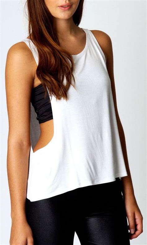 Ladies Womens Sleeveless Plain Deep Side Cut Out Vest Tank T Shirt Top ...