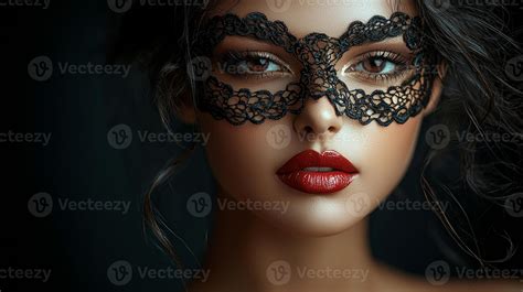 elegant dominant woman captivates black lace mask revealing her intense