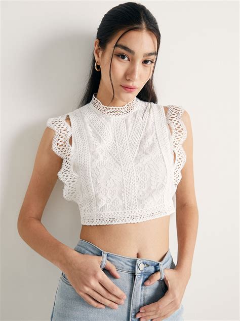 Sleeveless Lace Top - White - Pomelo Fashion