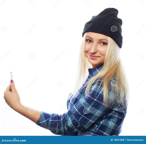 Pretty Teen Girl Wearing Hat, Taking Selfies Stock Photo - Image of