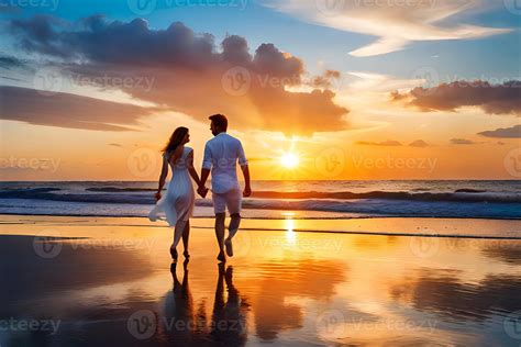Young couple in love walking in the beach at sunset . 26584869 Stock