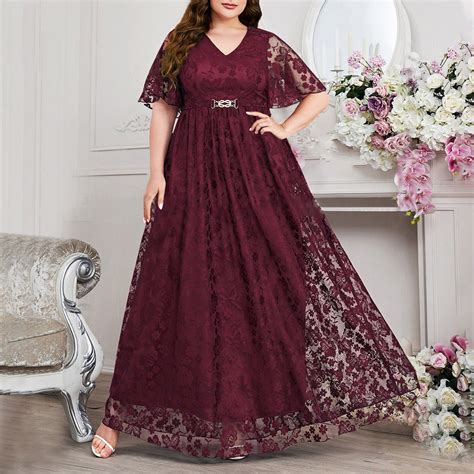 ITSAME Womens Plus Size Prom Dress, Short Sleeve V Neck Lace Elegant