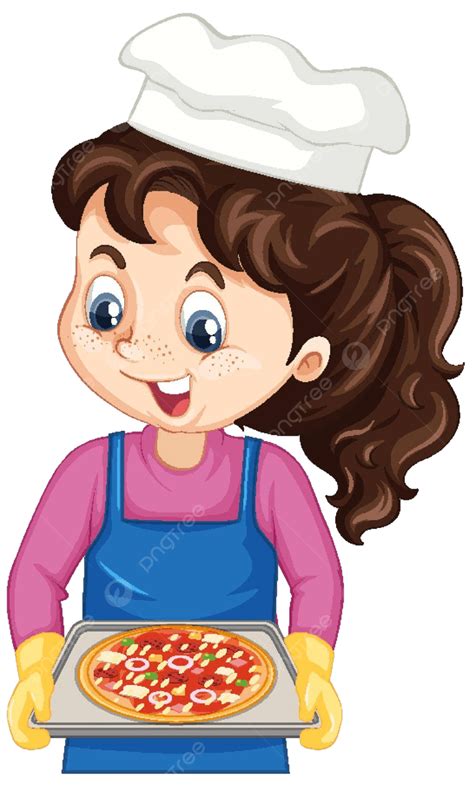 Chef Girl Cartoon Character Holding Pizza Tray Homemade Activity Eps