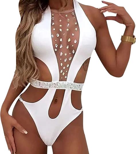Inevnen Women's See-Through Rhinestone One Piece Swimsuit Halter Mesh