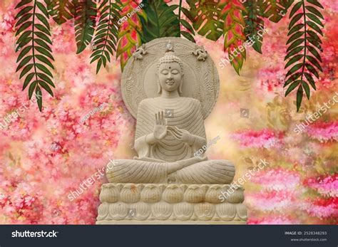 buddha giving blessing wallpaper floral background stock photo