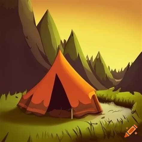 Cartoon illustration of a nature scene with tents and animals on Craiyon