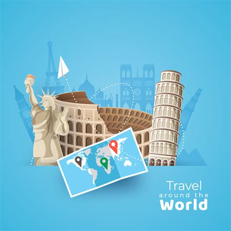 Illustration of world famous monuments with location map and paper