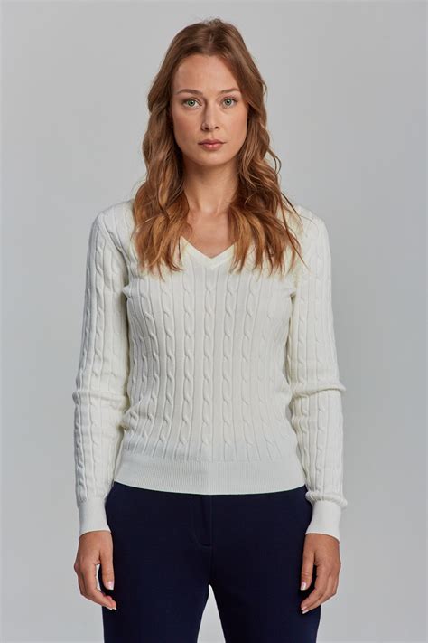 SVETER GANT STRETCH COTTON CABLE V-NECK EGGSHELL | GANT SK