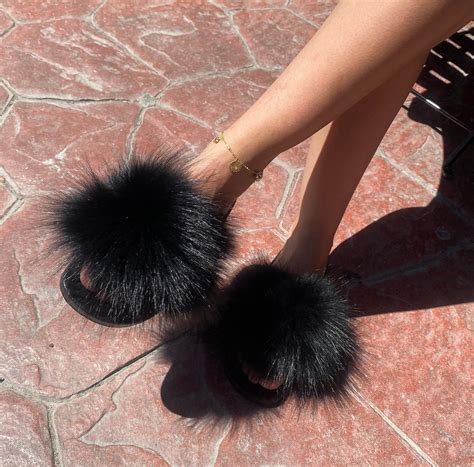 Black Fur Slides, Fur Slides for Women, Fox Fur Slides.real Fox Fur ...