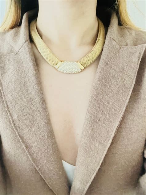 Christian Dior Vintage 1980s Crystals Pendant Chunky Snake Mesh Choker
