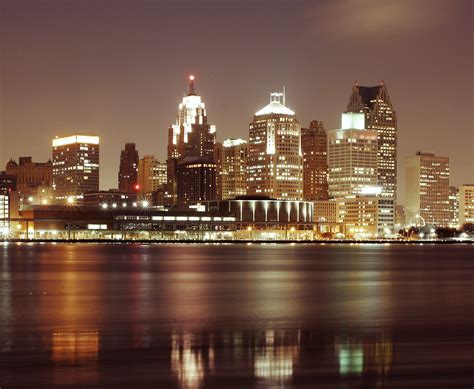 Detroit skyline with night lights in Michigan image - Free stock photo ...