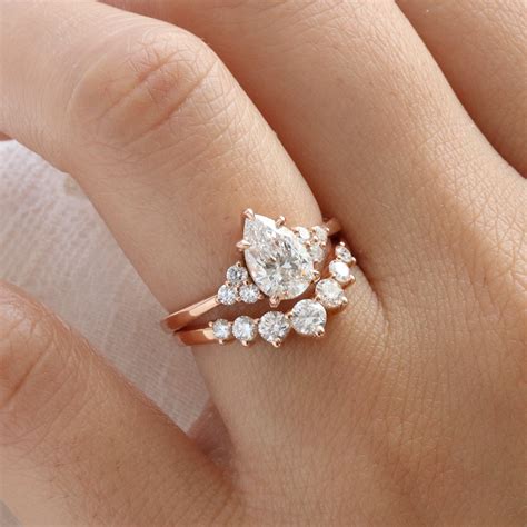 3 Stone Lab Created Diamond Ring Bridal Set Gold Pear Three Stone Ring