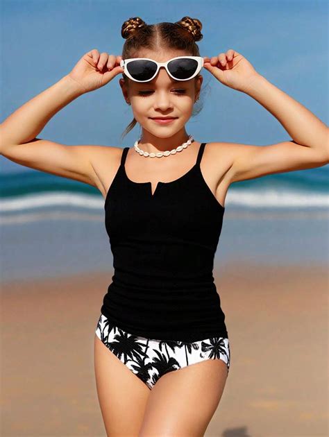 Tween Girls V-Neck Tankini Swimsuit Set, Suitable For Summer Holiday ...