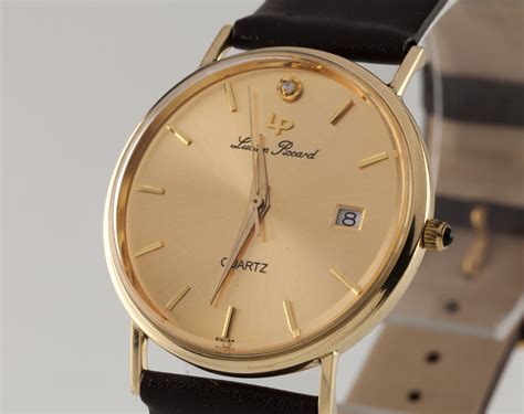 Lucien Piccard 14k Yellow Gold Quartz Watch w/ Date and Leather Band