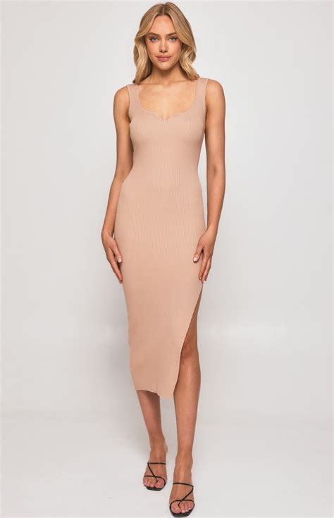 Sweetheart Neckline Ribbed Knit Midi dress (SKN664) | Style State