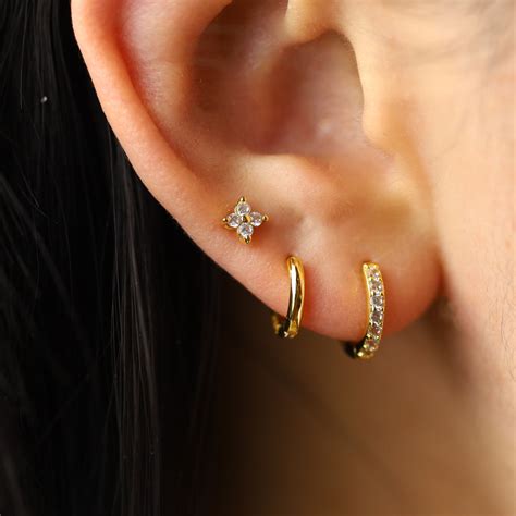 Emerald Earring Set Stack Tiny Pave Huggie Hoop CZ Earrings • Gold Pave