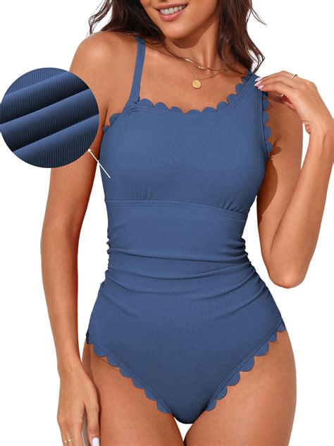 Asoul Ribbed One Piece Swimsuit Women One Shoulder Scalloped Bathing ...