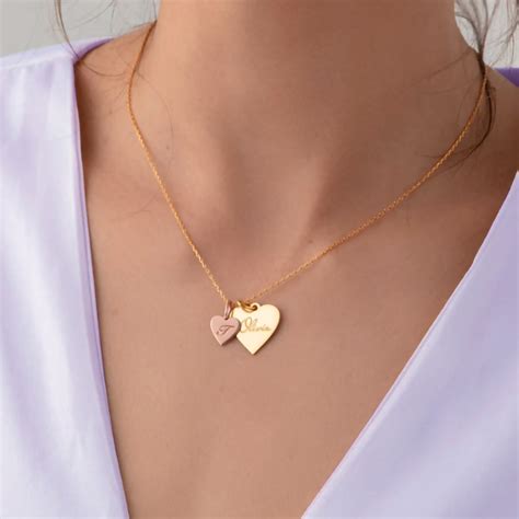 Custom Heart Name Necklace, Engraved Necklace with Name, Double Heart ...