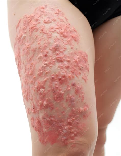 Skin condition medical psoriasis in the thigh with white background