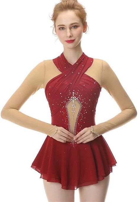 Amazon.com: Red Figure Skating Dress,Long-Sleeved Ice Skating Skirt ...