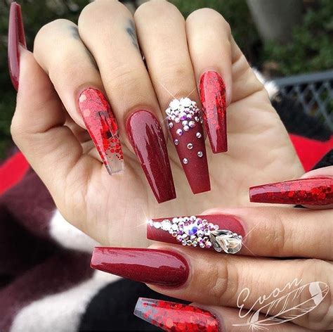 Rhinestone Red Acrylic Nails With Diamonds : Dots looks like an ...