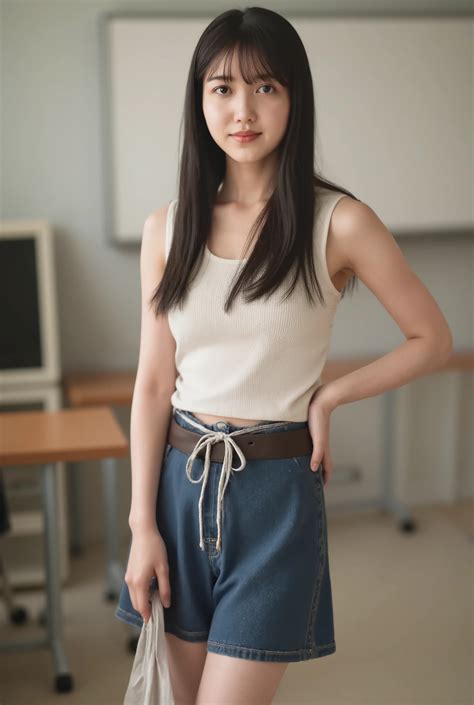 白いトップスと青いショートパンツを着たアジア系の女性が写真にポーズをとっている - SeaArt AI