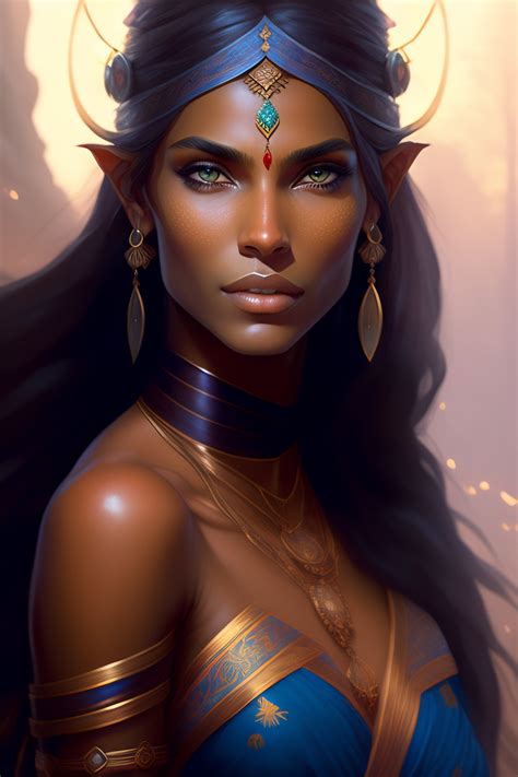 Lexica - Elf woman with tan brown skin, blue eyes, dark freckles, high