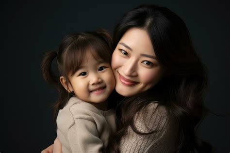 AI generated Portrait of a beautiful asian mother and daughter on black