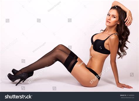Sexy Young Woman Black Lingerie Stockings Stock Photo 311403929
