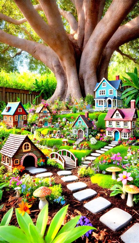 enchanting fairy garden  miniature houses  tiny bridges