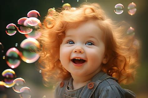 Premium AI Image | Funny happy chubby baby girl with red curls looks at ...