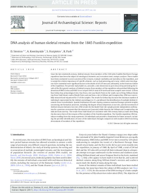 (PDF) DNA analysis of human skeletal remains from the 1845 Franklin ...