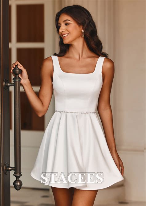 A-line Square Neckline Short/Mini Wedding Dress Satin with Beading