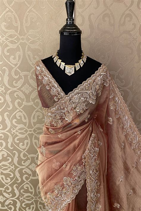 copper tissue saree  embroidery work unstitched blouse saarang