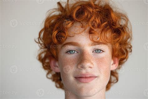 A close-up portrait of a young Caucasian boy with curly red hair and
