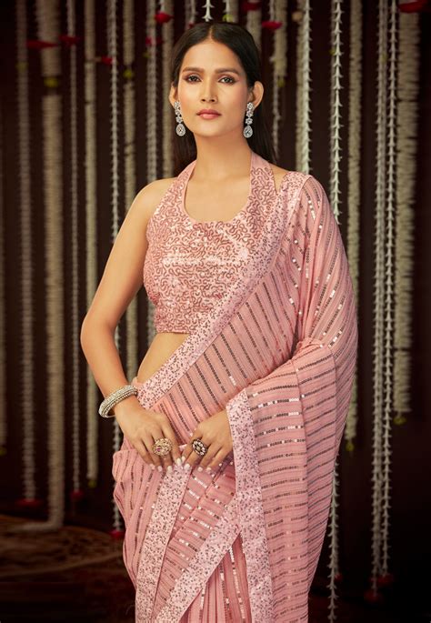 pink georgette sequence saree  blouse