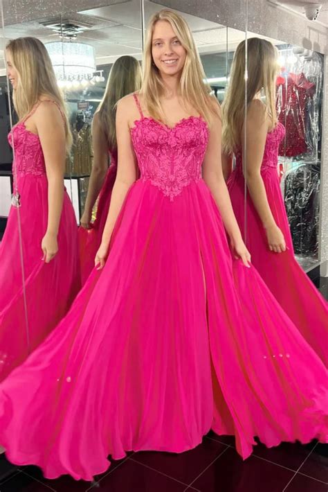 spaghetti straps sweetheart neck magenta lace long prom dress