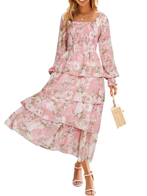 Simplee Womens Long Sleeve Spring Wedding Guest Dress Boho Floral A