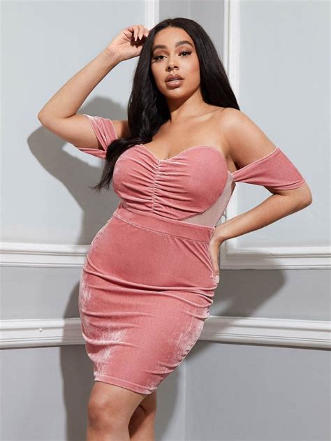 Бархатное сетчатое платье с открытыми плечами размера плюс | Dress, Off ...