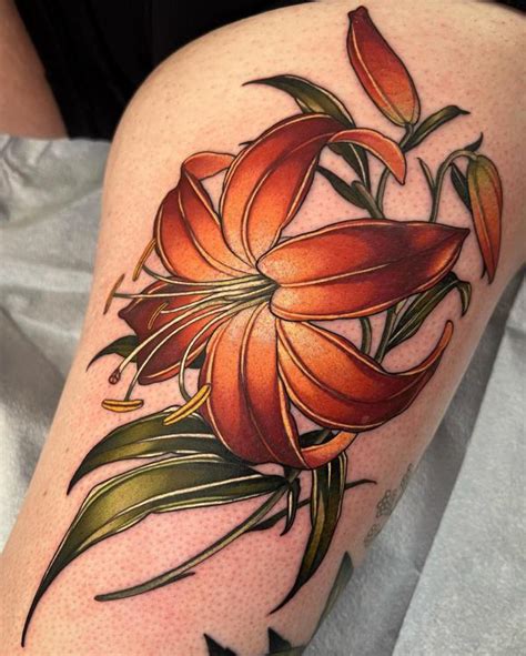 lily flowers tattoos leg