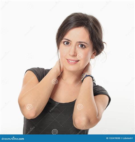 cute woman holding hands   neck stock photo image  emotion