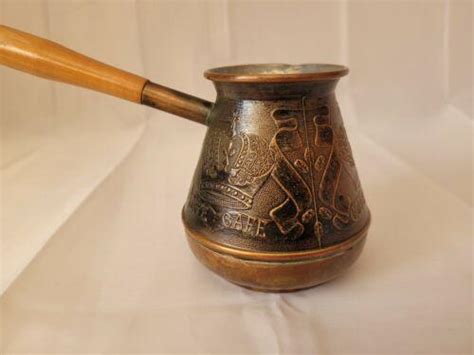 Vintage Turkish Copper Coffee Pot On Wooden Handle | #4560930436