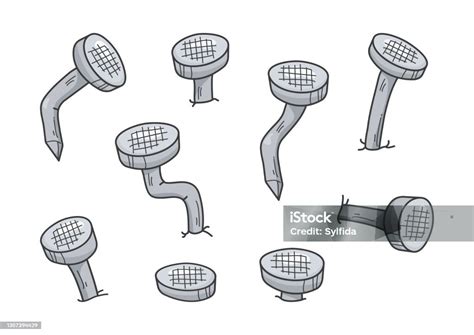 Logam Tua Karat Bengkok Paku Vektor Kartun Abuabu Ikon Pin Konsep ...