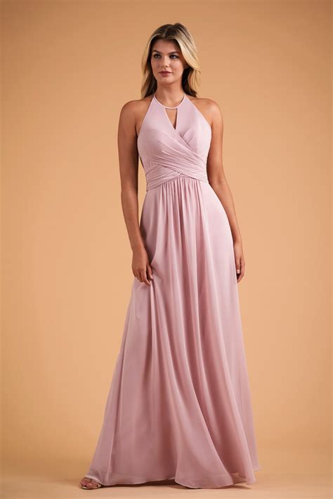B223008 Poly Chiffon Keyhole Halter Neck Bridesmaid Gown with Sexy Low Back