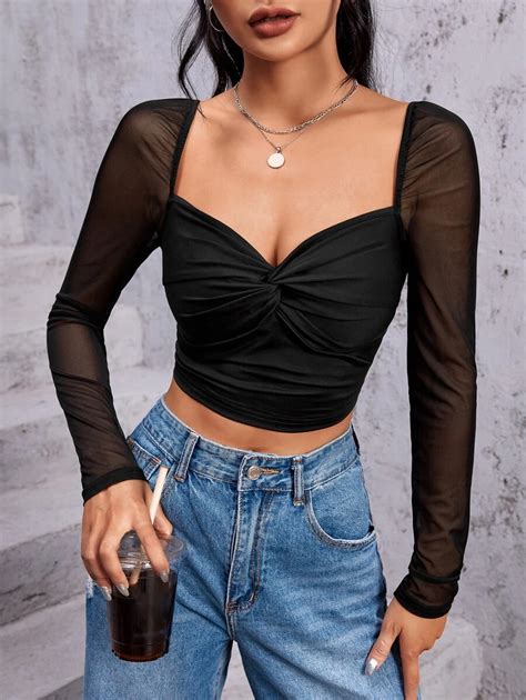 SHEIN BAE Contrast Mesh Twist Front Crop Top ⋆ Women's Store