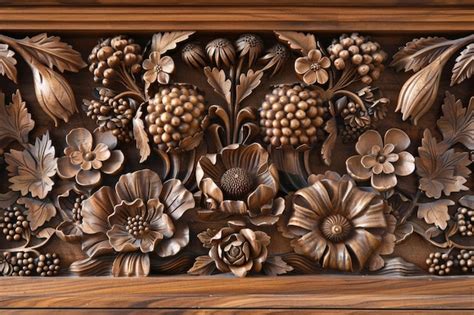 Detailed carving of flowers and leaves on wood showcasing intricate botanical designs with ...