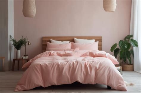 Premium Photo | Bed in pink bed linen in room