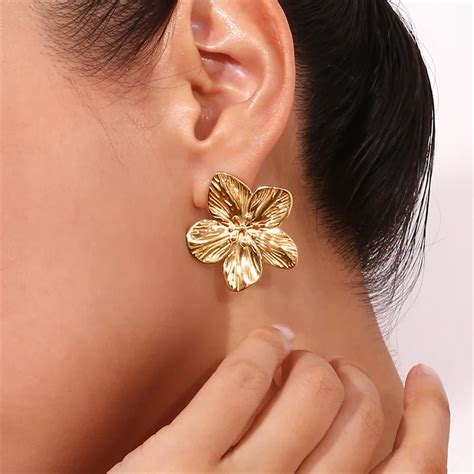 Винтажные серьги-гвоздики золотого цвета с цветком | AliExpress